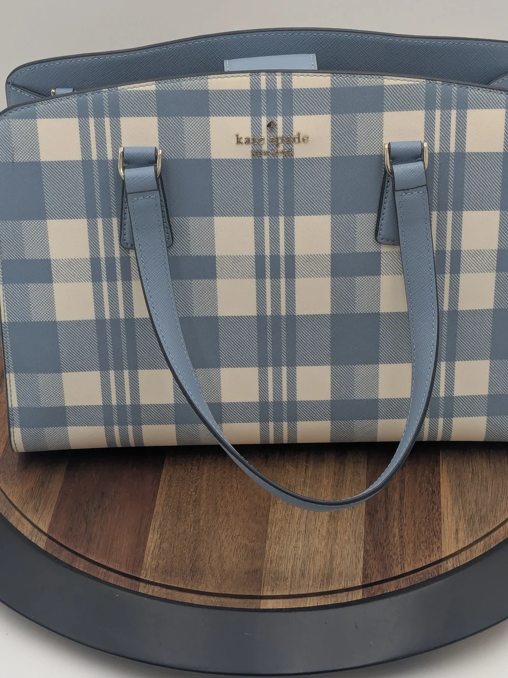 Kate Spade New York Blue Plaid Saffiano Leather Satchel Crossbody Bag